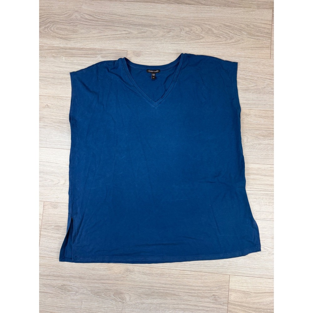 Eileen Fisher Blue‎ Tencel Lyocell V-Neck Cap Sleeve Tunic Top Medium M